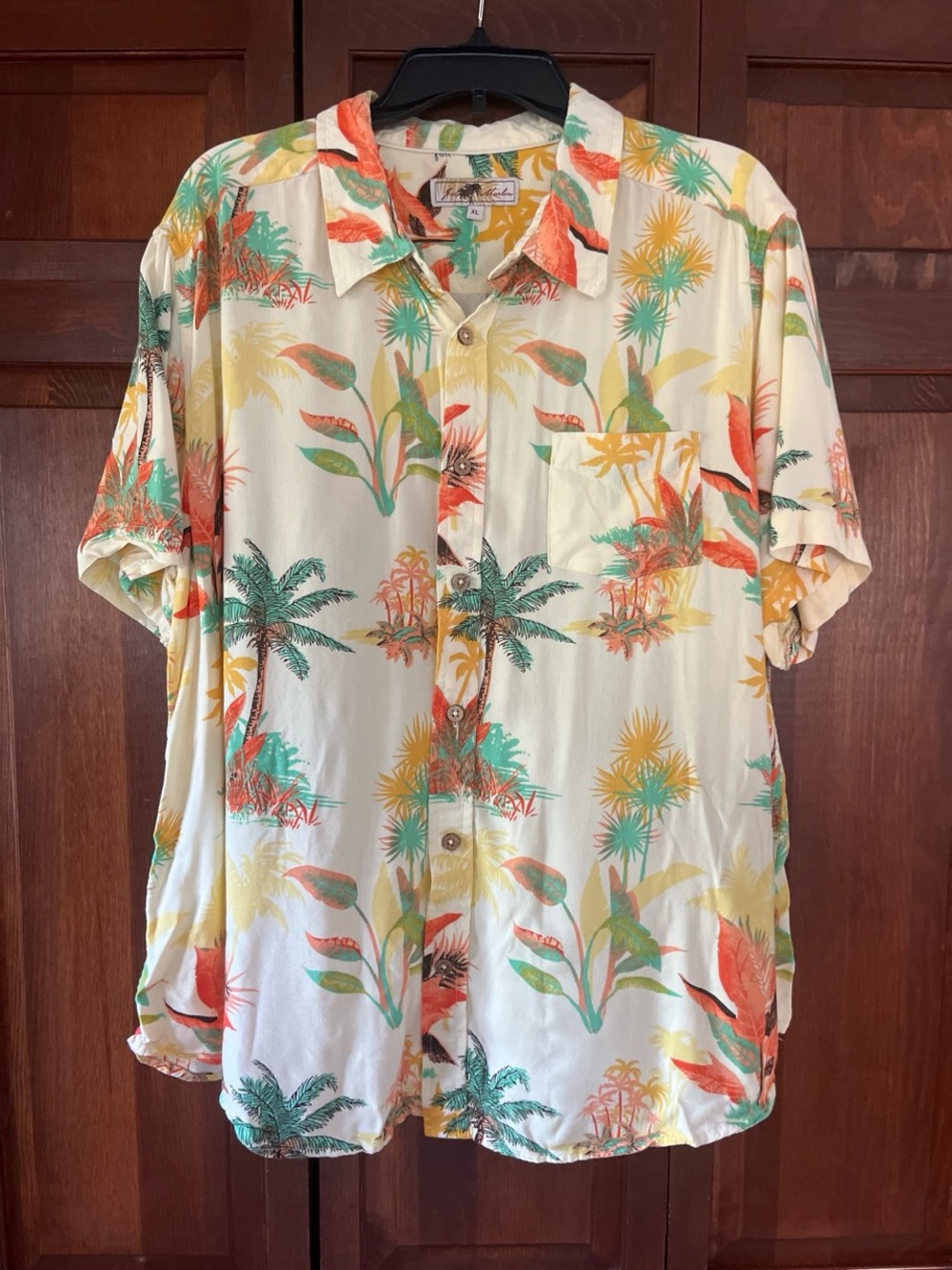 Men's Tropical Short-Sleeve Button-Down Shirt - Cream with Teal & Coral